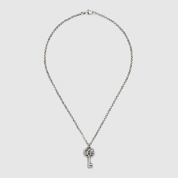 2021 New Style Gucci Arabesque Engraved Cutwork Double G Key Pendant Antique Sterling Silver Necklace For Ladies 627757 J8400 0701