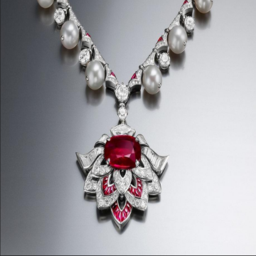 Womens Luxury Bvlgari Festa Collection Jewellery Pearl Charming Red Crystal Studded Diamonds Earring & Necklace Set