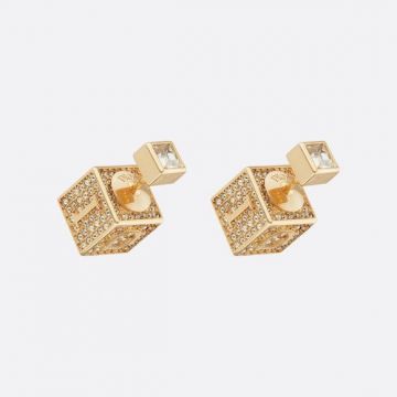 2021 Pre-fall New Style Christian Dior Tribales Logo Pattern Yellow Gold Square Cube Diamonds Stud Earrings Popular Jewellery