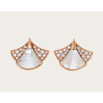 Fashion Women's Bvlgari Divas' Dream White MOP Patchwork Fan-shaped Diamonds Earrings Silver/Rose Gold 350483 OR857103