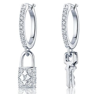 Classic Style Louis Vuitton Lockit Women Asymmetric Lock & Key Pendant Logo Pattern White Gold Paved Diamonds Hoop Earrings