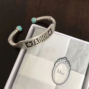 2018 Unique Style Dior JADIOR Unisex Retro Silver Logo Pattern Turquoise Green Open Adjustable Fake Bracelet