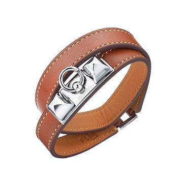 Hermes Rivale Double Tour Vogue Brown Leather Pyramid Bracelet Silver-Plated Hardware For Sale UK H064644CK18S