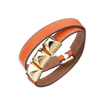 Hermes Gold-Plated Pyramid Stud Two Wrap Narrow Orange Leather Bracelet Valentine Gift Unisex Sale