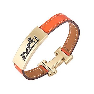 Hermes Gold-Plated H Logo Carriage & Horse Cutwork Orange Leather Clasp Bracelet Unisex Style Sale Online
