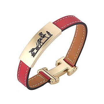 Hot Sale Hermes Red Leather Bracelet Logo Carved Yellow Gold-plated H Shaped Clasp Couple Style
