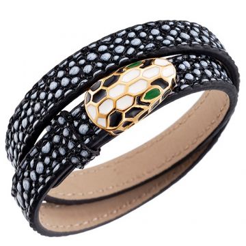 Fake Bvlgari Serpenti Black & White Leather Bracelet Gold-plated Edge Twice Price France For Women/Men