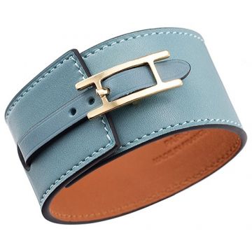 Hermes Hapi Wide Replica Light Blue Leather Bracelet Yellow Gold-plated Buckle Best Gift Unisex Sale 