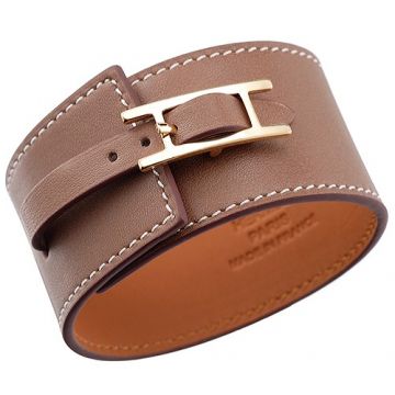 Hermes Replica Hapi Wide Brown Leather Bracelet Celebrity Gold-Plated H Buckle Sale For Unisex UK