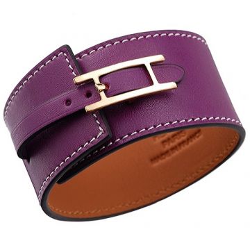 Hot Style Hermes Purple Hapi Wide Leather Gold-Plated H Logo Hardware Bracelet Price Canada
