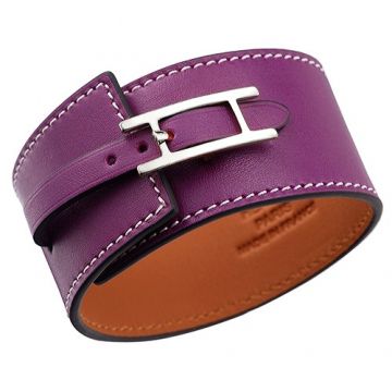 Hermes Hapi Wide Chic Silver-Plated H Logo Buckle Purple Leather Bracelet Colorful Party On Sale 