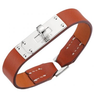 Hermes Lady Micro Kelly Tan Leather Bracelet Silver Plated Buckle Newest Design Imitation Italy Price