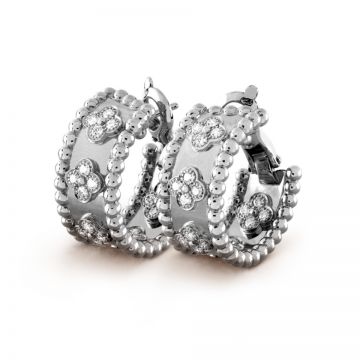 Van Cleef & Arpels Replica Perlee Clovers Silver Hoop Earrings Diamonds Bead Edge Gal Gadot Style US VCARO2ML00�